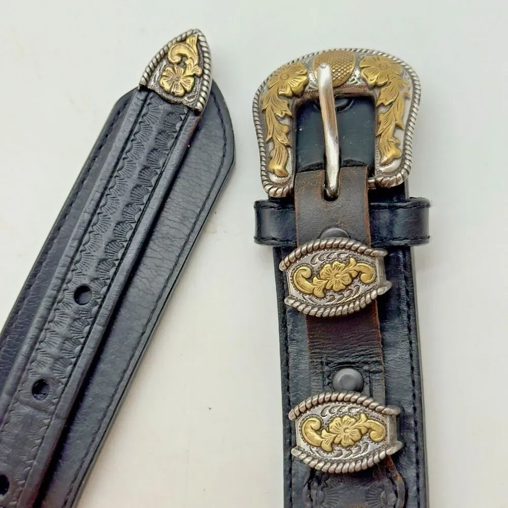 Nocona Black Leather Western Belt Men 40 Engraved Buckle Double Keeper Metal Tip